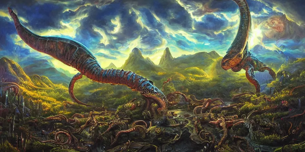 Image similar to fantasy oil painting, great leviathan, cybernetic turtle cephalopod terrapin reptilian pachyderm squid, bella hadid, hybrid, milla jovovich, anubis, epic natural light, lush plants flowers, spectacular mountains, bright clouds, luminous sky, outer worlds, golden hour, michael cheval, edward hopper, michael whelan, vray, hd