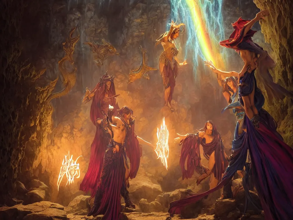 Image similar to painting of powerful stylish sorcerer and a cleric banishing demons in a dark cave with a rainbow spell, ultra realistic, concept art, intricate details, eerie, highly detailed, photorealistic, octane render, 8 k, unreal engine. art by artgerm and greg rutkowski and magali villeneuve and alphonse mucha