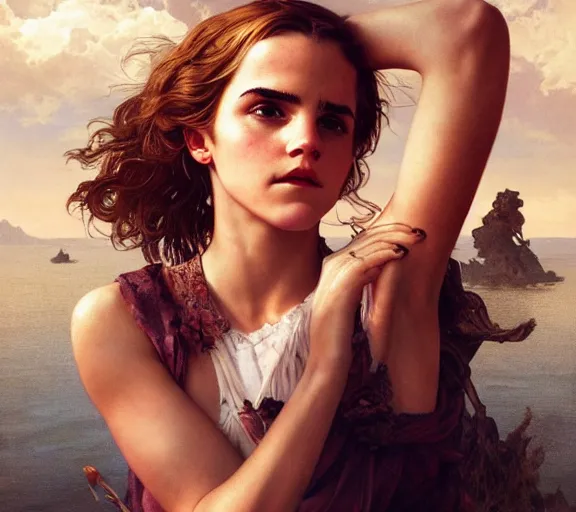 Image similar to photography of emma watson with hands - up and hairy armpits, deep focus, intricate, elegant, highly detailed, digital painting, artstation, concept art, matte, sharp focus, illustration, art by artgerm and greg rutkowski and alphonse mucha and gil elvgren