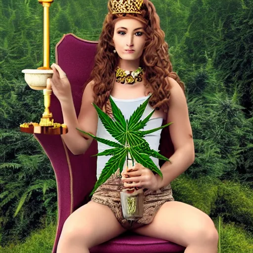 Image similar to princess of cannabis, extremely realistic, sitting a throne made of hemp, smoking a bowl from a huge bong