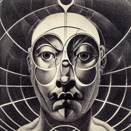 Image similar to self portrait of an AI staring into a metal sphere mirror by MC Escher, lithograph