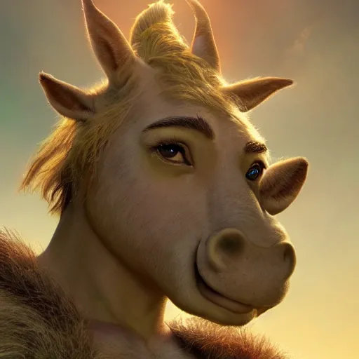 Image similar to shrek bare chested as a glorious devout shining powerful epic amazing awesome very handsome attractive muscular stylish knight in shining golden armor riding donkey, fantasy art, highly detailed, photorealistic, octane render, 8 k, unreal engine, art by artgerm and greg rutkowski and alphonse mucha