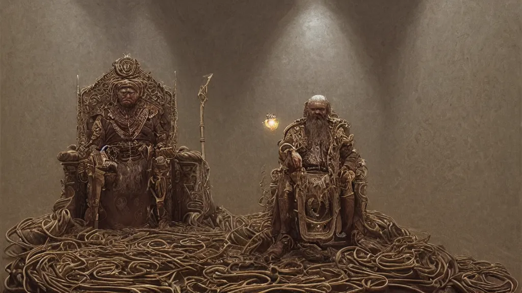 Image similar to a highly detailed character portrait of a solitary Odin sitting on his golden throne in a barely lit hall, harsh light on his head, snakes coiling at his feet, spear in hand, digital art by Zdzisław Beksiński , Ruan Jia, Rudolf Béres, James Zapata, Jamey Jones