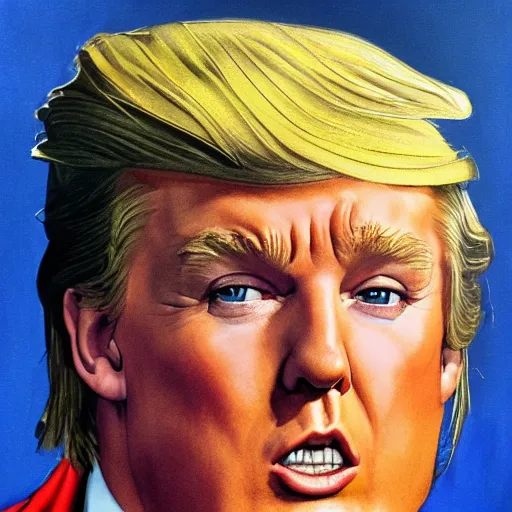 Image similar to photorealistic picture, by bob peak and alex ross, young donald trump propaganda poster, gouache and wash paints, fine details, fine intricate, fine facial proportionate, fine body proportionate, fine fix broken line, fine fix duplicate line, smooth focus, sharp details, bokeh, 4 k, fine 5 k details