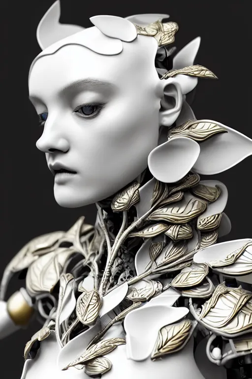 Image similar to monochrome close - up profile face, black background, beautiful young porcelain bio - mechanical vegetal - dragon - cyborg - female, white metallic armour, silver gold details, magnolia leaves and stems, roots, mandelbot fractal, 1 5 0 mm, beautiful natural soft rim light, elegant, hyper real, ultra detailed, octane render, 1 6 k