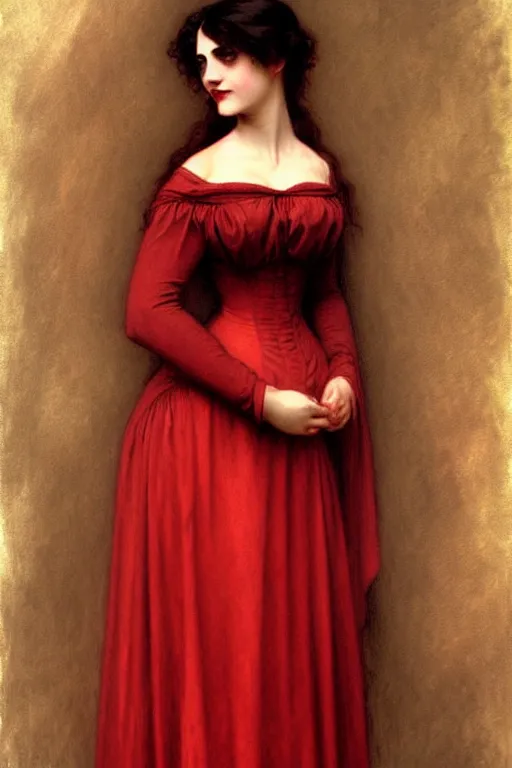 Prompt: victorian vampire in red dress, painting by rossetti bouguereau, detailed art, artstation