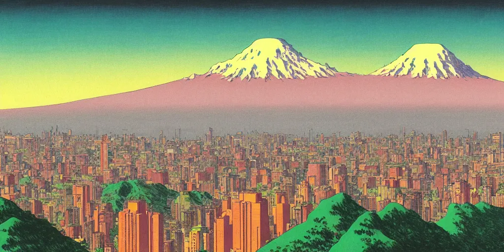 Image similar to skyline of a large metropolis, mount rainier looming in the background, acid and dreaming psychedelic hallucinations, by kawase hasui, moebius and edward hopper, hd, 8 k, artstation, sharp focus, smooth, masterpiece