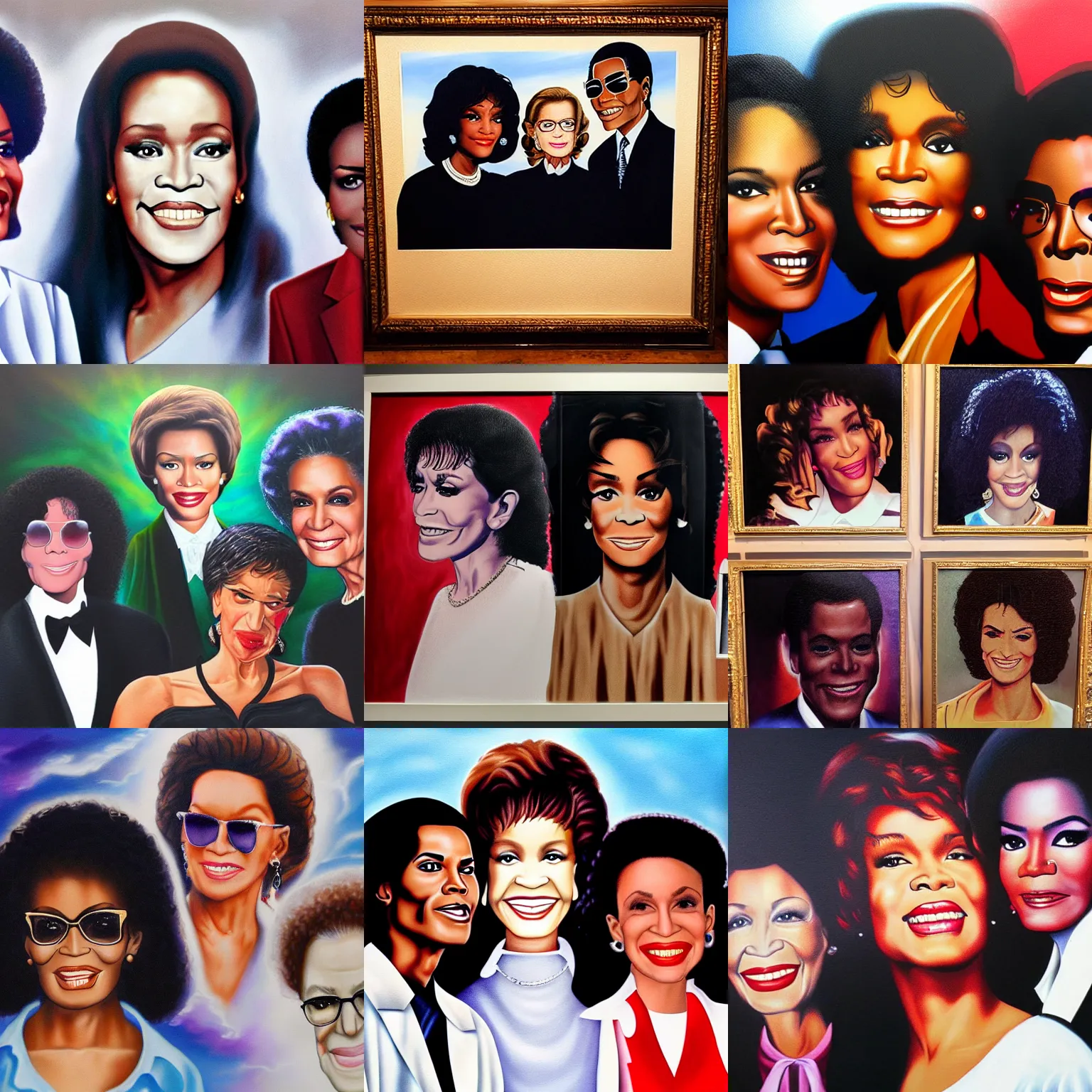 Prompt: an airbrush painting of Whitney Houston, Michael Jackson, and Ruth bader ginsburg looking down from heaven