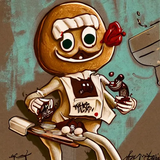Image similar to evil anthropomorphic cookie cooking a bunch of cookies, in the kitchen, cuphead, painterly, logo, graffiti, elegant, highly detailed, digital art, art by jc leyendecker and sachin teng