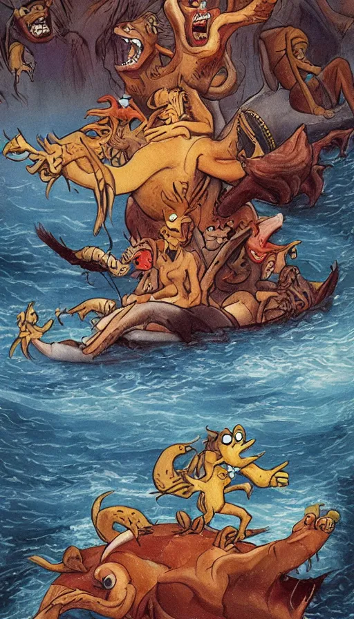 Image similar to man on boat crossing a body of water in hell with creatures in the water, sea of souls, by don bluth