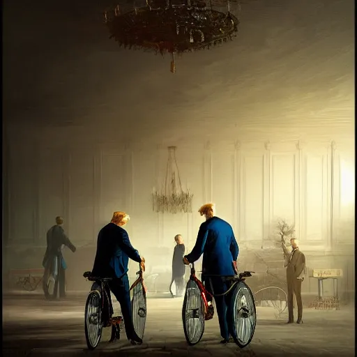 Prompt: president trump repairs bicycles, at the white house, photography, hyperrealistic, by beeple, greg rutkowski, caspar david friedrich, smooth, illustration, elegant, artstation, digital painting.