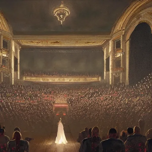 Image similar to Painting by Greg Rutkowski, hundreds of spectators look at an illuminated girl in a white long dress on a theater opera stage with an orchestra, view from the hall