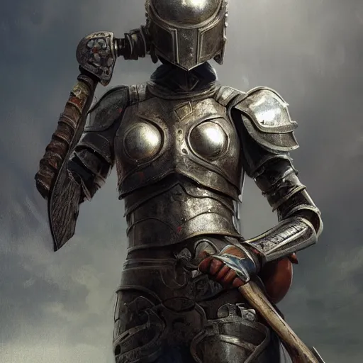 Image similar to an woman wearing metal scrap armor and an helmet holding an axe, Matte painting , detailed painting, made by Greg Rutkowski, 4k, atmospheric