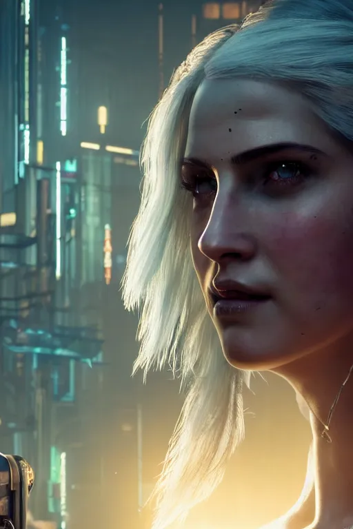 Image similar to A film still of Ciri as a cyberpunk 2077 loading screen, highly detailed, digital painting, artstation, concept art, sharp focus, illustration, cinematic lighting, art by artgerm and greg rutkowski and alphonse mucha diffuse lighting, fantasy, intricate, elegant, highly detailed, lifelike, photorealistic, digital painting, artstation, illustration, concept art, smooth, sharp focus, art by John Collier and Albert Aublet and Krenz Cushart and Artem Demura and Alphonse Mucha