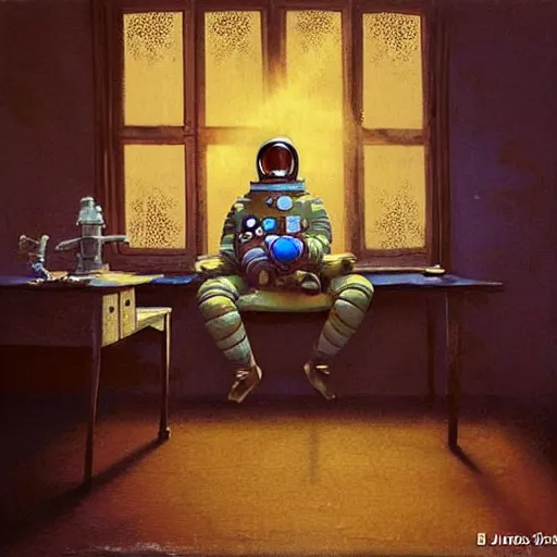 Image similar to a single cosmonaut in a spacesuit drinks a steaming cup of tea at an old wooden desk in a richly decorated house. :: by beeple and James Gilleard and Justin Gerard :: the autumn light comes in through a window and dimly illuminates the room. Ornate, dynamic, particulate, intricate, elegant, highly detailed, centered, artstation, smooth, sharp focus, photoreal octane render, 3d