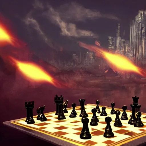 Image similar to apocalyptic future city, a godlike creature is playing chess. the chess figures are planets. smoke. volumetric lighting, sharp focus, ultra detailed, cgsociety - w 1 0 2 4 - n 8 - i