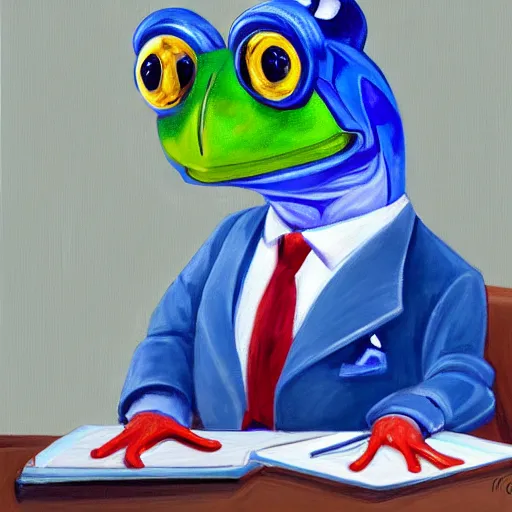 Prompt: a portrait painting of an anthropomorphic blue frog wearing a suit sitting in an office, very detailed, very intricate,