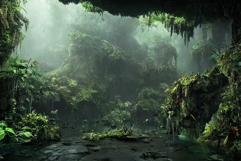 Image similar to the most amazing dream you ever had about subterranean jungle, hyper realistic, ambient lighting, concept art, intricate, hyper detailed, smooth, dynamic volumetric lighting, octane, cinematic