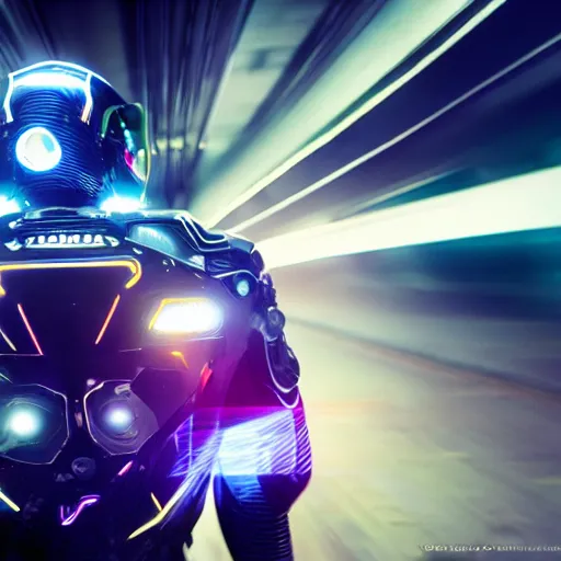 Image similar to speed, diverse fast cybersuits, from behind, motion blur, bokeh, wide wide angle, vivid, elaborate, highly detailed, beautiful lighting