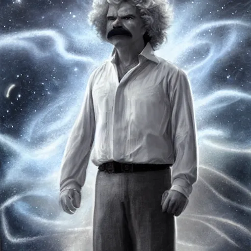Image similar to mark twain stands at the edge of the universe, artgerm