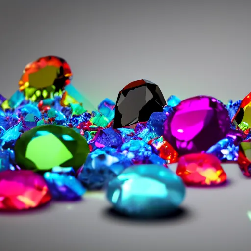 Image similar to rainbow colored gems and crystals illuminate the dark. Octane Render, 8k, High Detail.