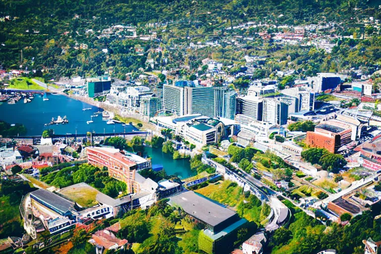 Image similar to bird's eye view photography of a small city. town hall, central farm, monorail station, beach and harbor. hills, woods and lake to the north.