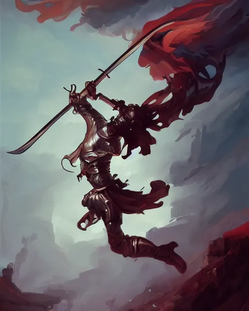 Image similar to action portrait of a knight dancing with swords, 4K trending on artstation by peter mohrbacher