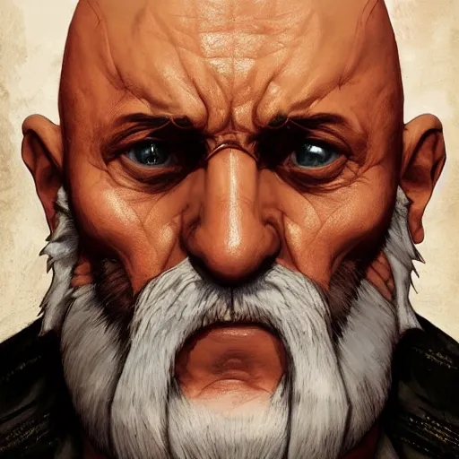 Image similar to mike ehrmantraut as sagat street fighter, wearing eye patch, 4 k, ultra realistic, detailed focused art by artgerm and greg rutkowski and alphonse mucha