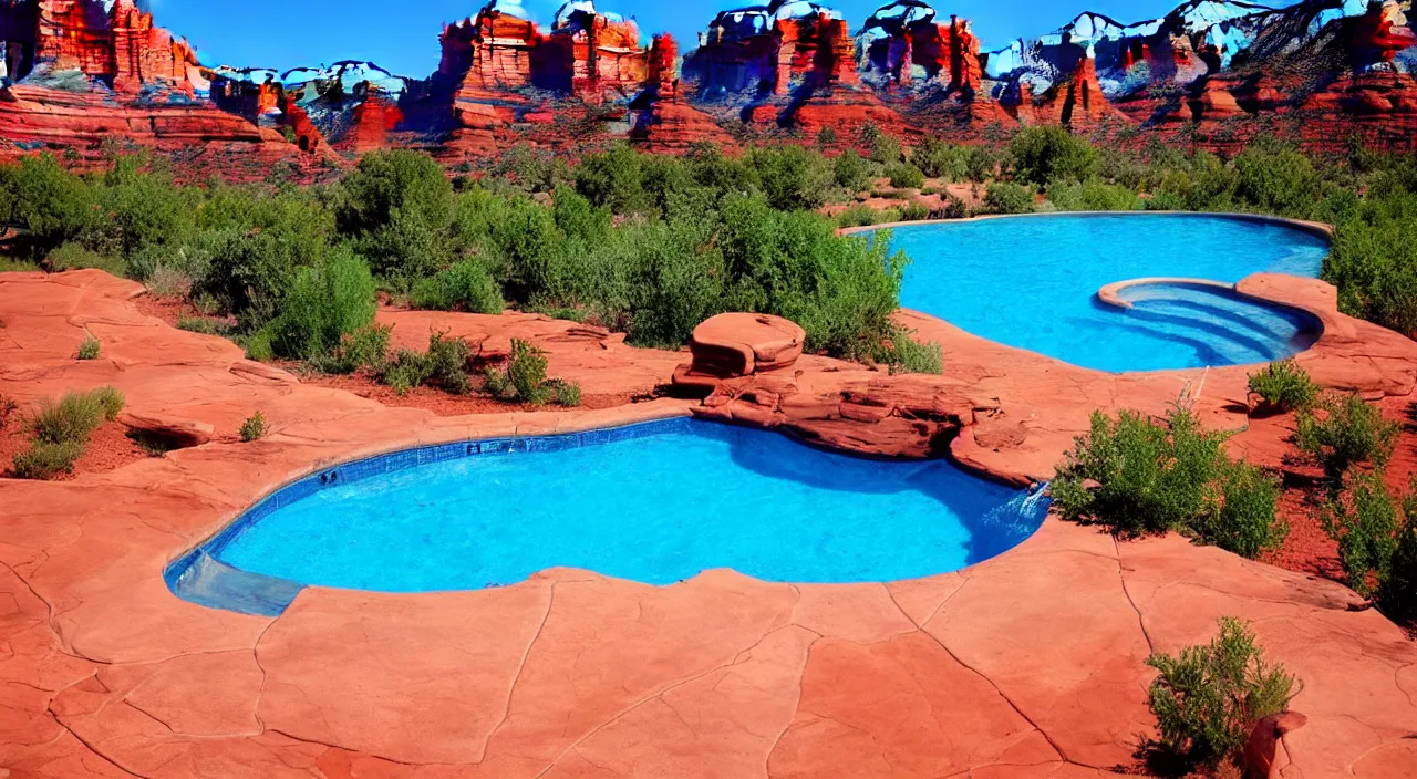 Image similar to a beautiful day in Sedona by a pool,colorised,photograph