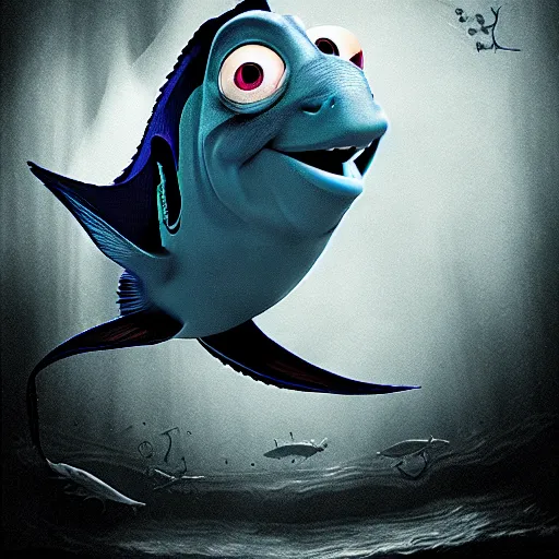 Image similar to evil dory chasing nemo through dark waters, creepy, dark, atmospheric, detailed, photorealistic