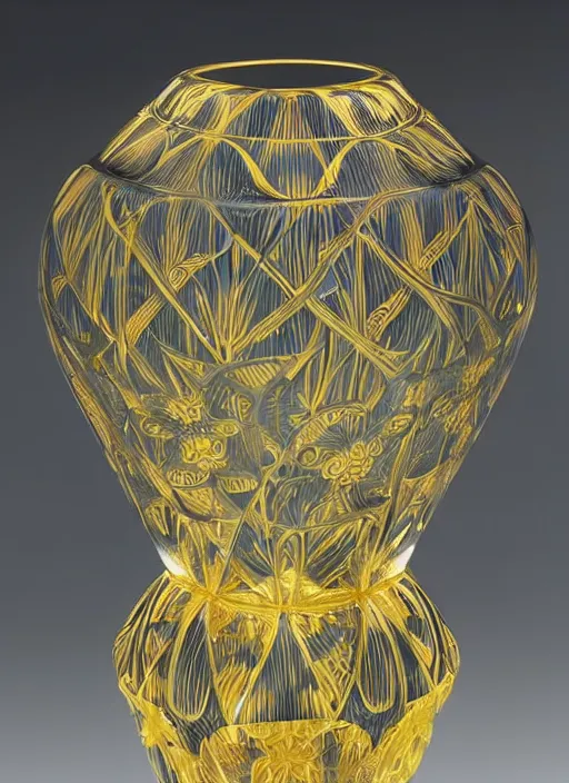 Image similar to Vase in the shape of impossible geometry by Escher, intricate gold threads, containing colorful flowers, designed by Rene Lalique