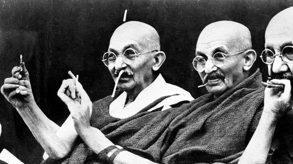 Image similar to gandhi smoking infront of press in a conference, historic old photograph