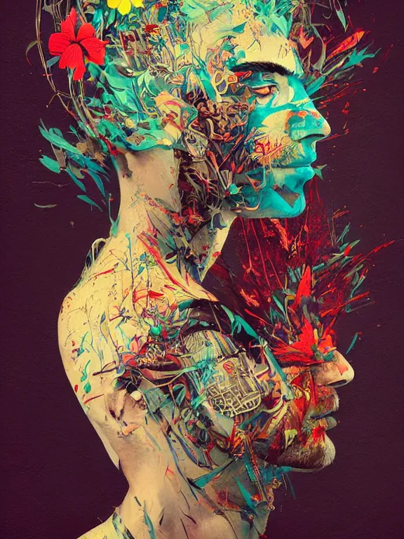 Image similar to art portrait of man with flower in head,by tristan eaton,Stanley Artgermm,Tom Bagshaw,Greg Rutkowski,Carne Griffiths,trending on DeviantArt,face enhance,chillwave,minimalist,cyberpunk,full of colour,