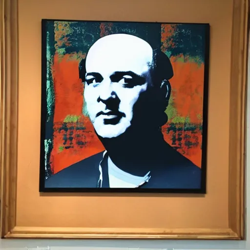 Prompt: painting of Tony soprano in the style of Andy Warhol hung on the wall of a modern art gallery, huge atrium lots of natural light, spectators looking at the painting
