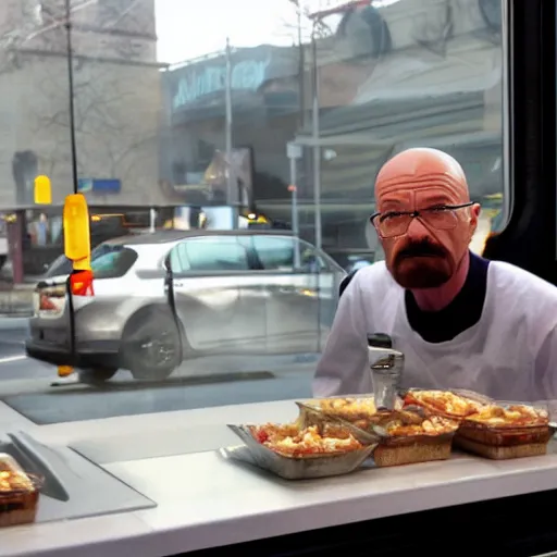 Image similar to walter white at mcdonalds window, serving food