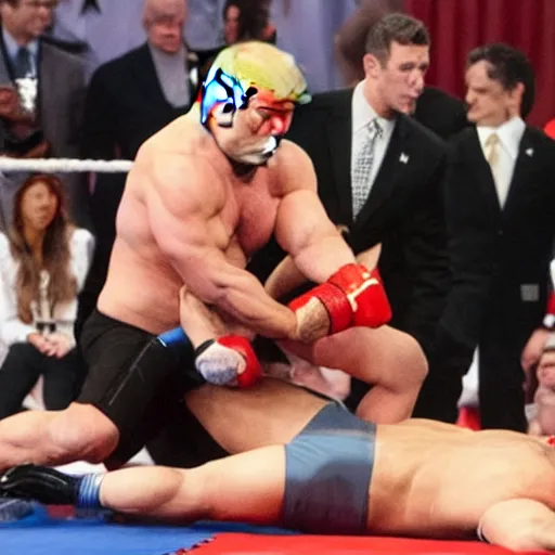 Image similar to an extremely buff Donald Trump wrestling a weak Anthony Fauci