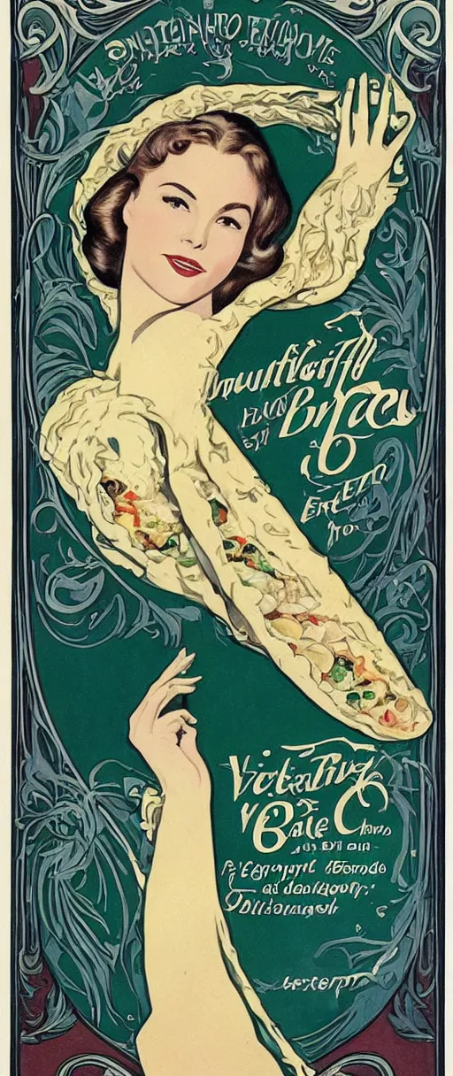 Image similar to Beautiful art nouveau advertisement for the ultimate everything burrito. Detailed advertisement for a delicious everything burrito by Victor Horta featuring the delicious Grace Kelly with an ecstatic and sultry expression. This burrito will change your life. Sultry. Extreme beauty. Youth. This burrito has EVERYTHING. Extra toppings.