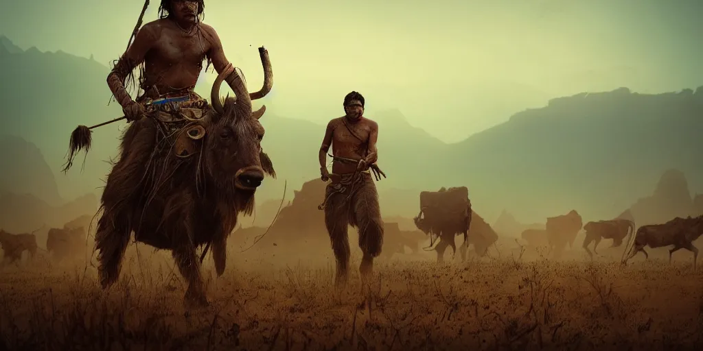 Image similar to solo ancient indian tribesman hunting on atv, chase of buffalo herd ,attacking, action scene, an epic fantasy, dramatic lighting, cinematic, establishing shot, extremely high detail, photorealistic, cinematic lighting, artstation, octane render, by simon stalenhag, horizon forbidden west,old photo, high speed photography, vintage, mad max