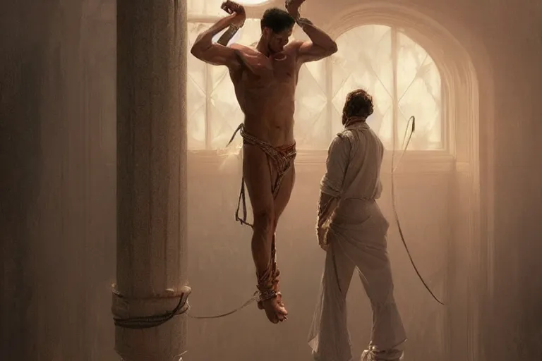 Image similar to a man tied to a pillar by jack russel terrier, highly detailed, hyperrealistic digital painting, artstation, concept art, smooth, sharp focus, illustration, cinematic lighting, art by artgerm and greg rutkowski and alphonse mucha