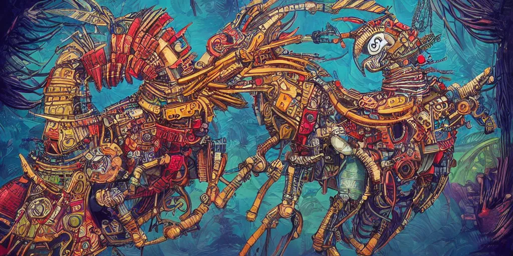 Prompt: colorful illustration of a fully armored mechanical rooster, diselpunk, mix of styles, style combination, studio ghibli color scheme, hyper detailed, intricate, jungle
