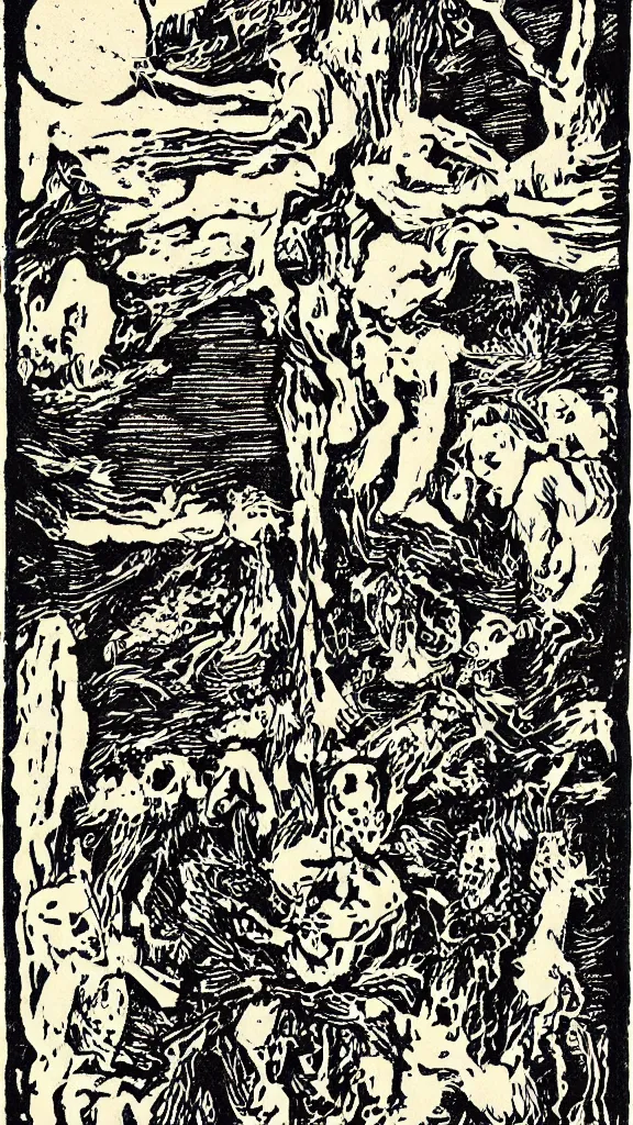 Prompt: revenants, spirits and pagan apparitions, grimoire woodblock print