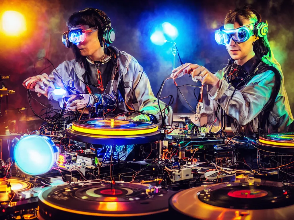 Image similar to a person wearing goggles and visor and headphones using a steampunk record player contraption, wires and tubes, turntablism dj scratching, intricate planetary gears, cinematic, imax, sharp focus, leds, bokeh, iridescent, black light, fog machine, hazy, lasers, hyper color digital art, cyberpunk