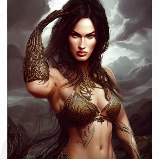 Image similar to portrait of megan fox, muscular upper body, fantasy, intricate, elegant, highly detailed, digital painting, artstation, concept art, matte, sharp focus, illustration, art by aenaluck and roberto ferri and greg rutkowski, epic fantasy, digital painting