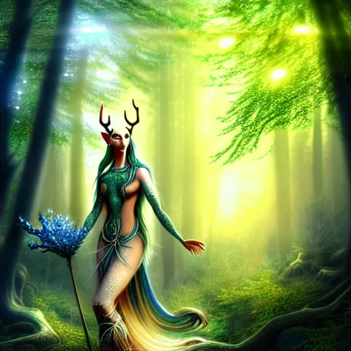Prompt: beautiful hyper realistic elven, celestial highly detailed magic stag, in a beautiful highly detailed forest background. blue light. sunlight rays throught the trees. intricate, elegant, fantasy art, concept art 8 k rendering.