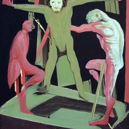 Prompt: francis bacon painting, figures at the base of a crucifixion, boris johnson