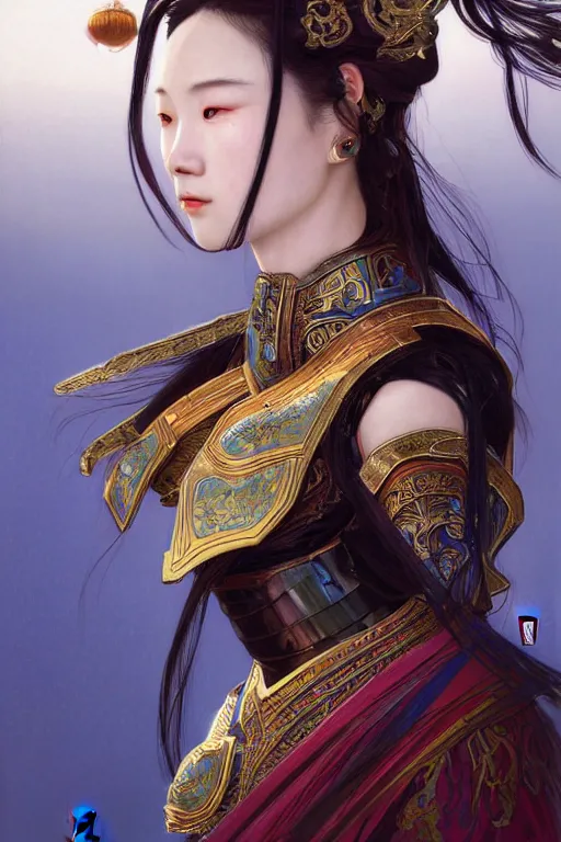 Image similar to beautiful and luxury and holy and elite and colorlpunk young three kingdom chinese female armor knight portrait +shinnyy eyes+front face with light flowing hair, ultradetail face, art and illustration by tian zi and craig mullins and WLOP and alphonse mucha, fantasy, intricate complexity, human structure, human anatomy, fantasy character concept, watermark, blurry, hyperrealism 8k