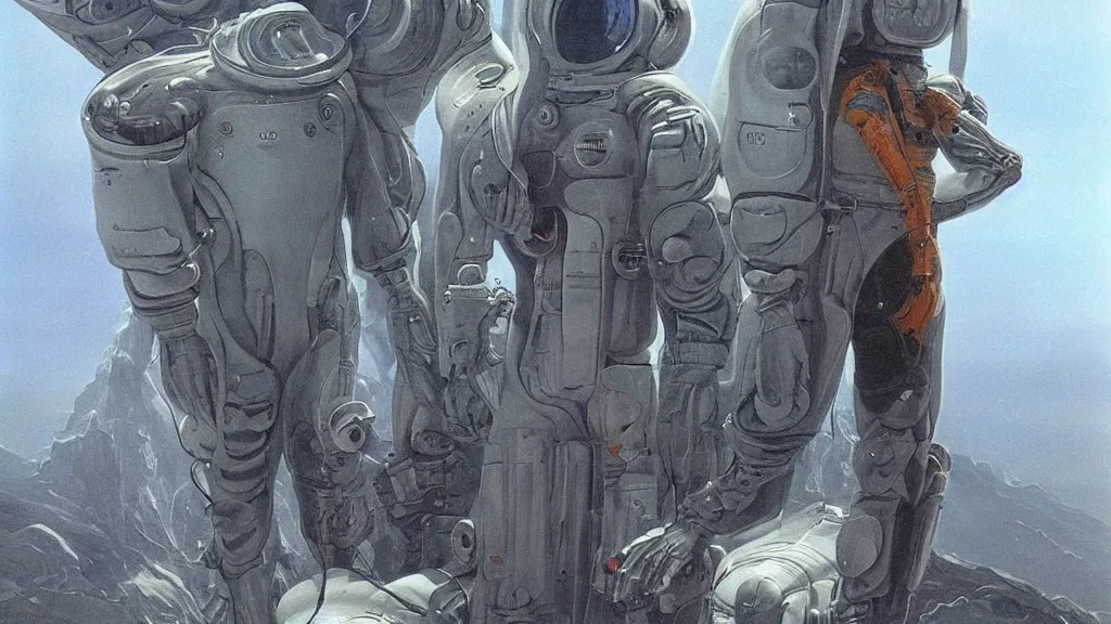 Prompt: futuristic organic spacesuit design by john schoenherr and jim burns, epic cinematic matte painting