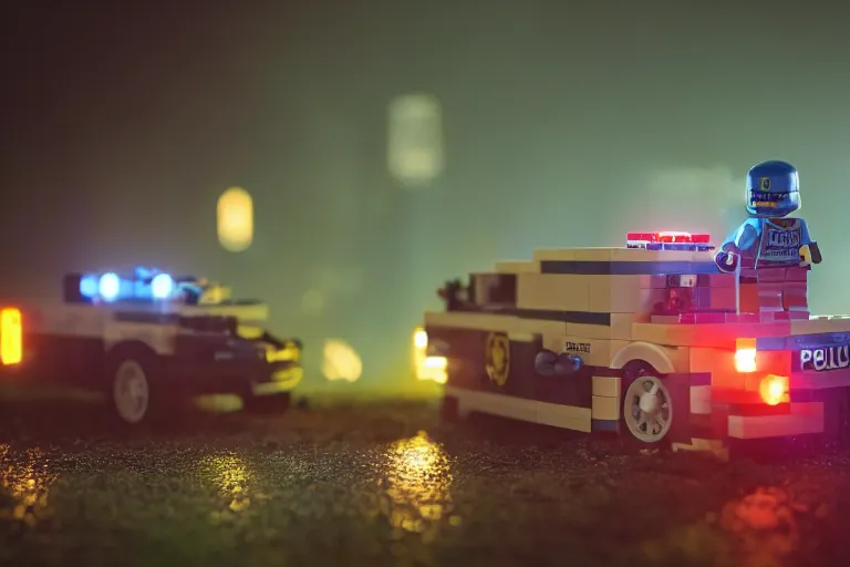 Prompt: a lego police car figure by simon stalenhag and robbert sammelin and eric persson, battlefield 4, 4 k, hd wallpaper, hdr, tonemapping, detailed, atmospheric, global illumination, majestical lighting, saturated, wet, ray tracing, anamorphic lens, chromatic aberration