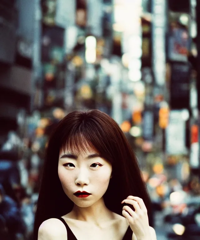 Prompt: a masterful portrait photograph shot on cinestill 5 0 d, a beautiful japanese woman in 9 0 s fashion with modest make up, hair died to a hazelnut brown, shot in shibuya tokyo on a 3 5 mm at f / 3. 2, high quality, print magazine quality, nostalgia, 8 k