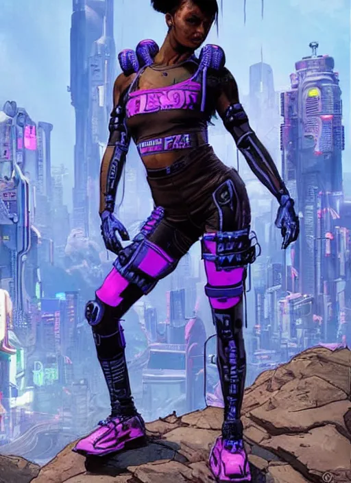 Image similar to apex legends cyberpunk fitness babe. concept art by james gurney and mœbius. gorgeous face, cinematic, dramatic lighting ( cyberpunk 2 0 7 7 ), clean aesthetic